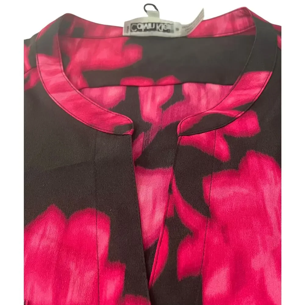 CALVIN KLEIN LONG SLV BUTTON UP V-NECK BLOUSE, WOMENS, XL-HOT PINK & BLACK ABSTR - Picture 2 of 12